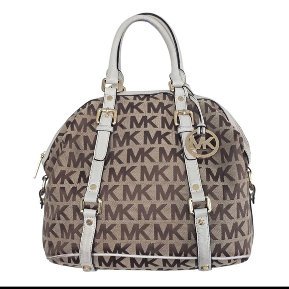 Michael Kors Handbag Bedford Women Medium Logo Satchel Jacquard Beige - Picture 1 of 14